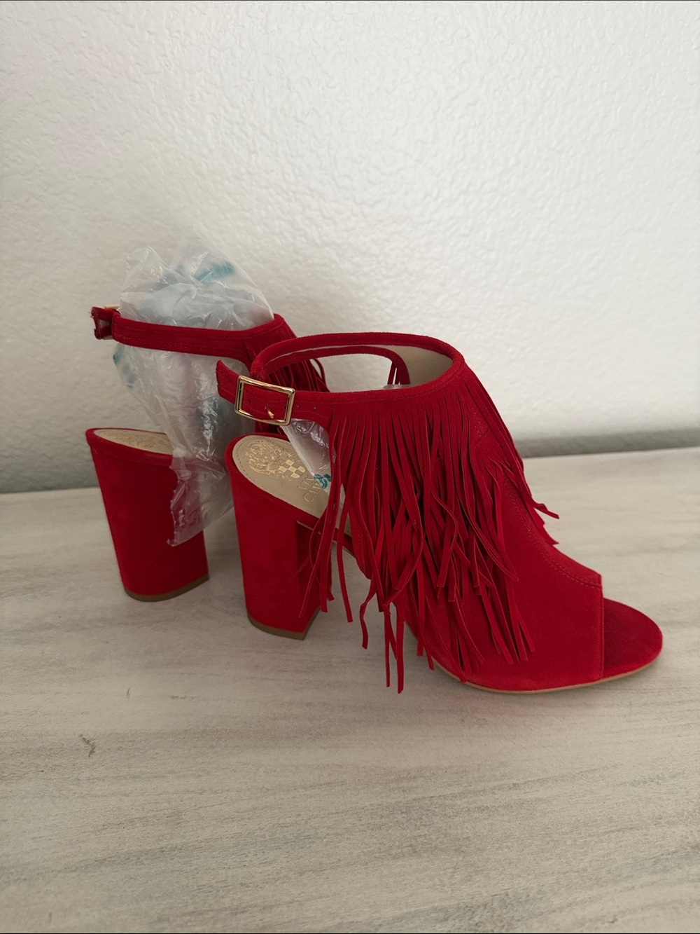 Vince Camuto Winveer Red Suede Fringe Peep-Toe Block Heels Size 10 - Picture 4 of 9